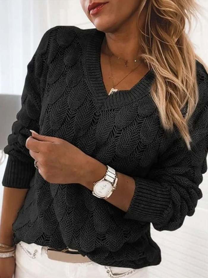 Winter New Sweater Knitted Feather Hollow V-neck Long Sleeve Sweater