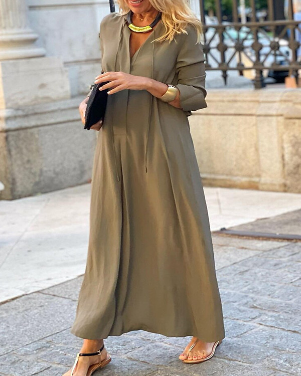 Solid Color Cotton V-neck Long-sleeved Simple Dress