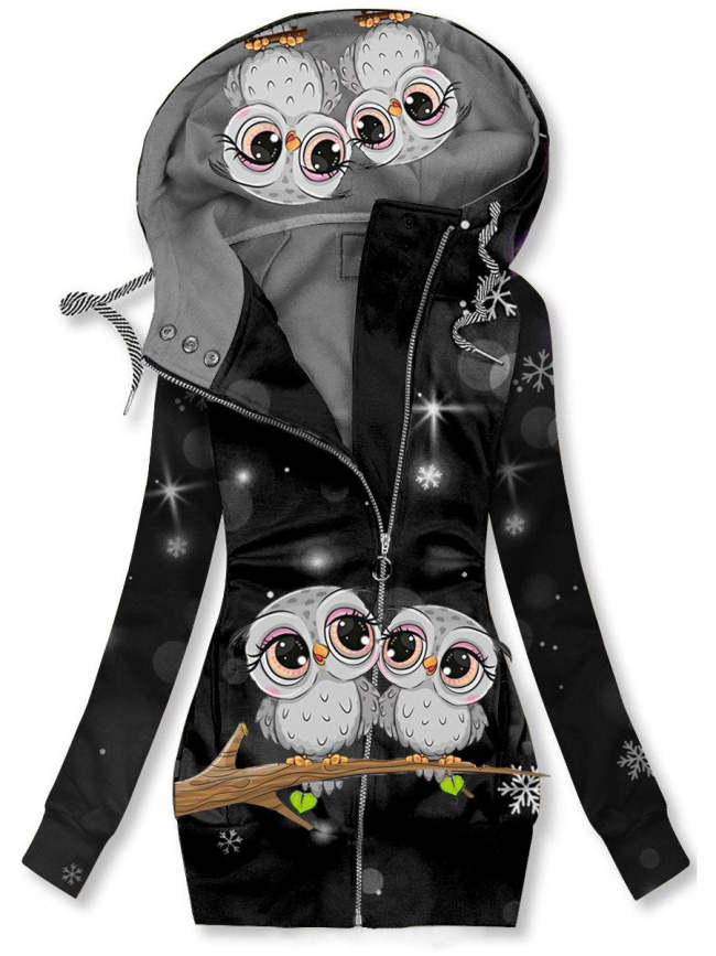 Owl Art Print Hooded Casual Coat
