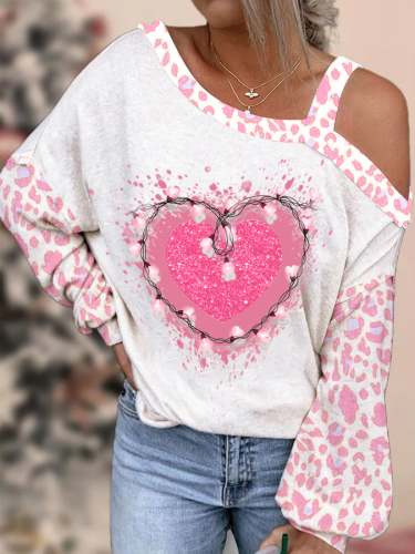 Valentine's Day Pink Heart Casual Balloon Sleeve T-Shirt