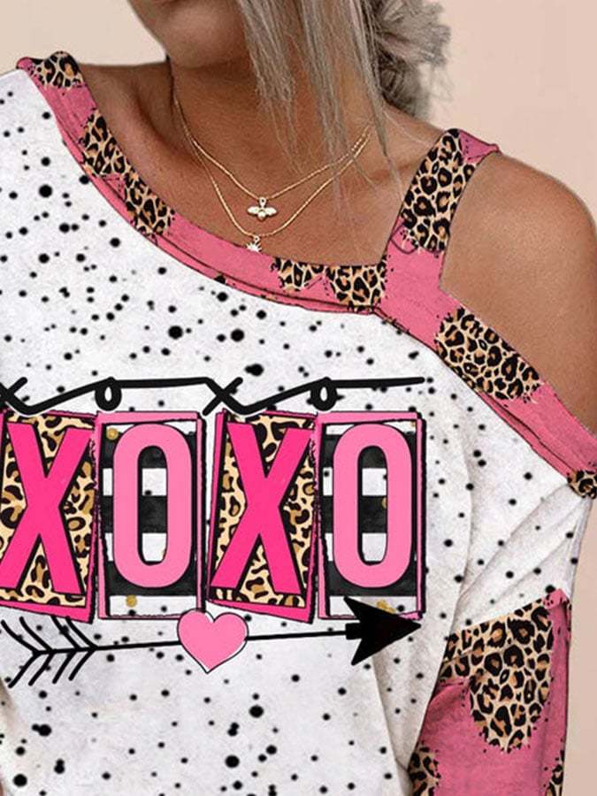 Women's Valentine's Day XOXO Off-Shoulder Balloon Sleeve Top