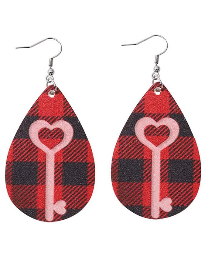 Valentine's Day Black Red Plaid Love Peach Heart Key Earrings