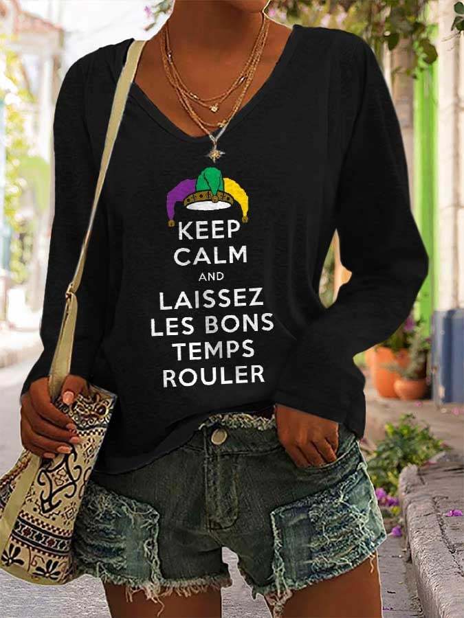 Mardi Gras Keep Calm And Let The Good Times Roll Print Long Sleeve T-Shirt