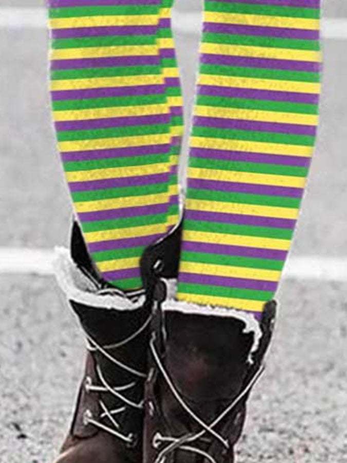 Mardi Gras Green Gold Purple Contrasting Stripes Print Leggings