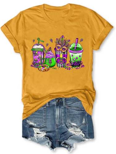 Mardi Gras Coffee Cups Beads King Cake Print T-Shirt