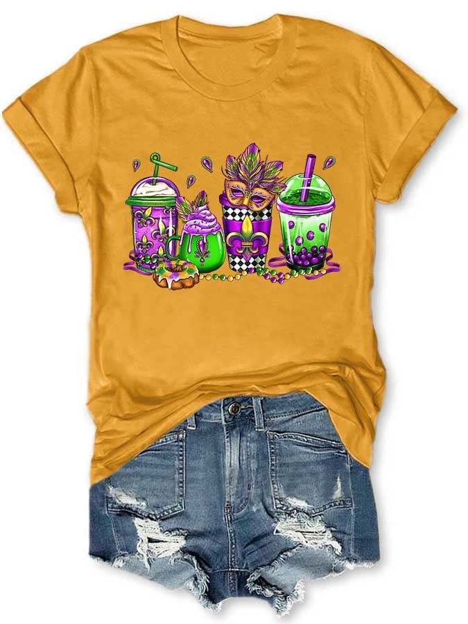 Mardi Gras Coffee Cups Beads King Cake Print T-Shirt