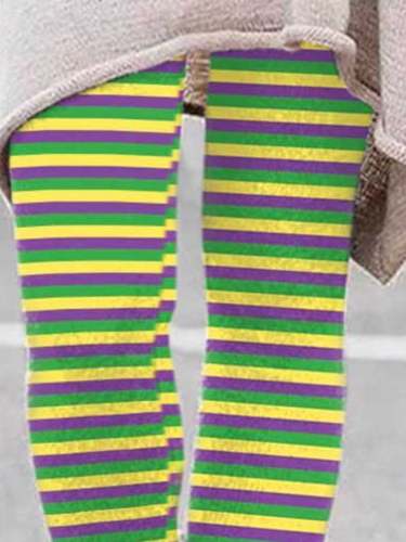 Mardi Gras Green Gold Purple Contrasting Stripes Print Leggings