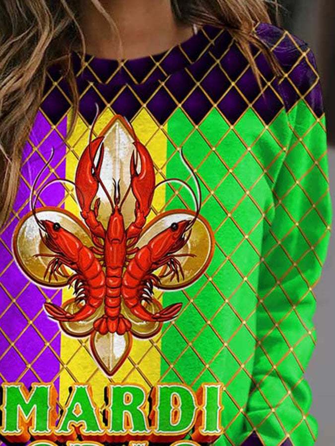Crawfish Mardi Gras Color Block Plaid Print Sweatshirt
