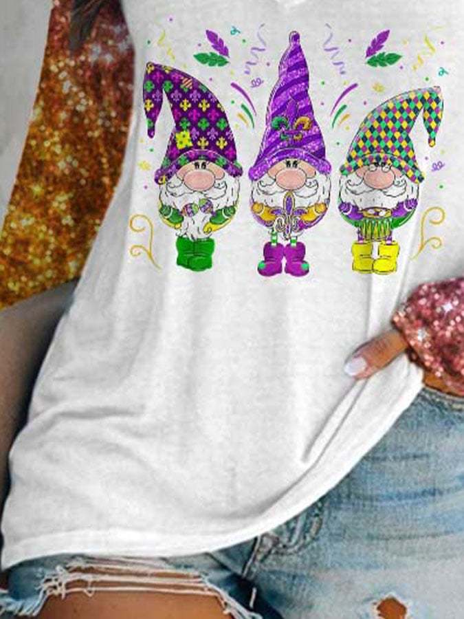 Mardi Gras Gnomes Sequins V-neck Print T-Shirt