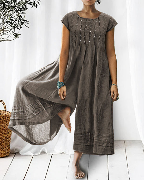 Solid Relaxed Loose Pleated Linen Jumpsuit