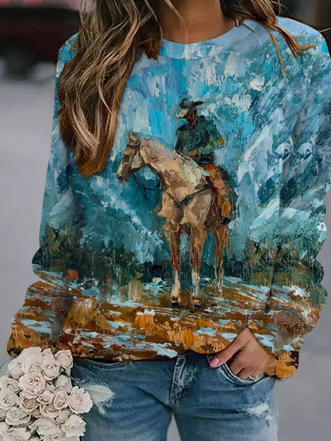 Western Vintage Print Long Sleeve Sweatshirt