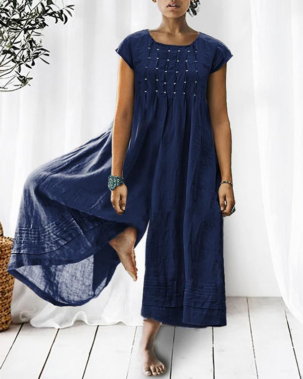 Solid Relaxed Loose Pleated Linen Jumpsuit