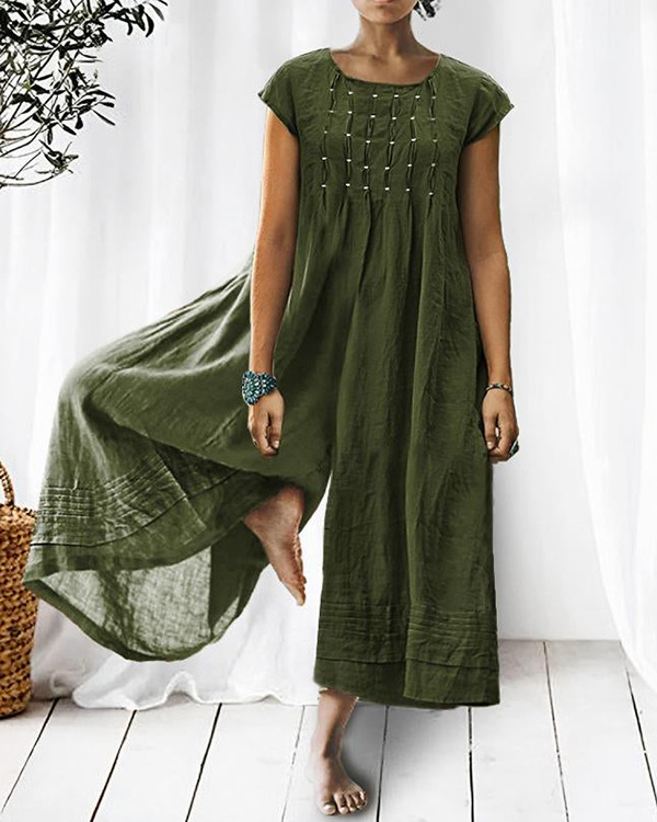 Solid Relaxed Loose Pleated Linen Jumpsuit