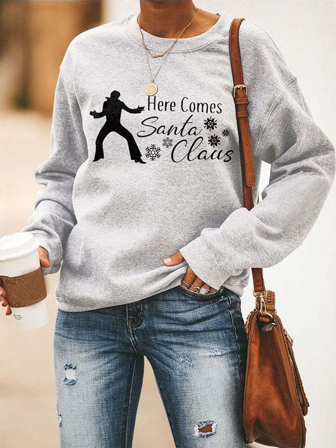 King Of Rock Roll Here Comes Santa Claus Print Sweatshirt