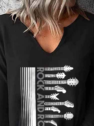 Retro 50s Rock and Roll V Neck Long Sleeve T-Shirt