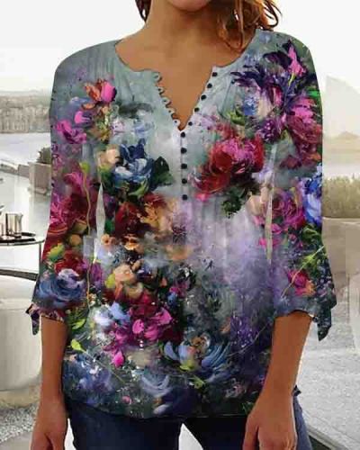 Vintage Floral V Neck Long Sleeve Button Top