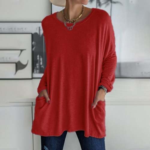 🎅 Promotion -49% OFF🎄Round Neck Long Sleeve Loose Pocket Solid T-Shirt