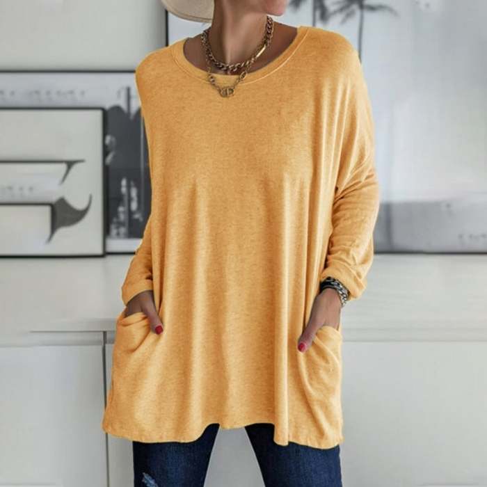 🎅 Promotion -49% OFF🎄Round Neck Long Sleeve Loose Pocket Solid T-Shirt