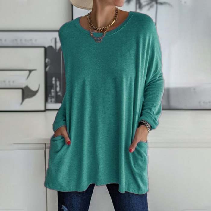 🎅 Promotion -49% OFF🎄Round Neck Long Sleeve Loose Pocket Solid T-Shirt