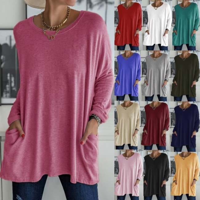 🎅 Promotion -49% OFF🎄Round Neck Long Sleeve Loose Pocket Solid T-Shirt