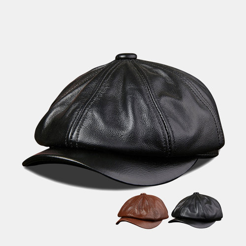 Men Cowhide Leather Hat Tide Navy Beret Octagonal Caps
