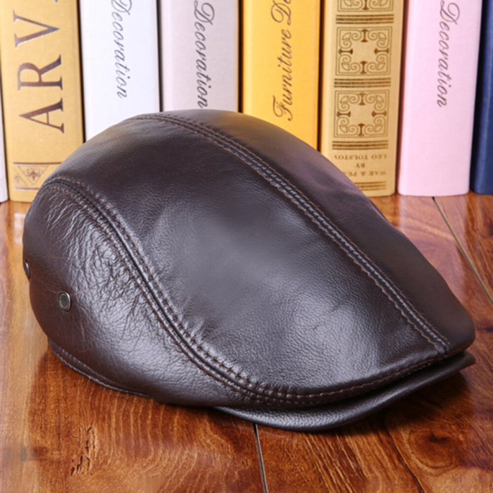 Men Adjustable Vintage Genuine Leather Beret Caps Outdoor Caps