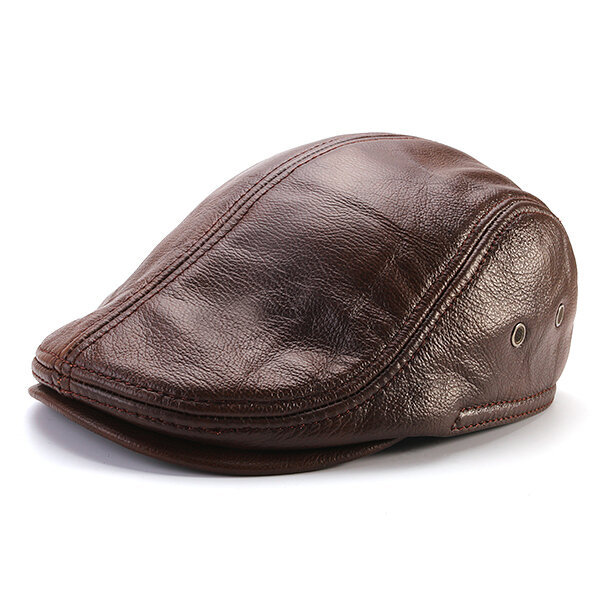 Men Classic Genuine Cowhide With Ear Flaps Beret Hats Casual With Ventilation Holes Flat Caps