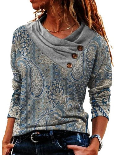 Western Tribal Print Scarf Collar Casual Sweatshirt