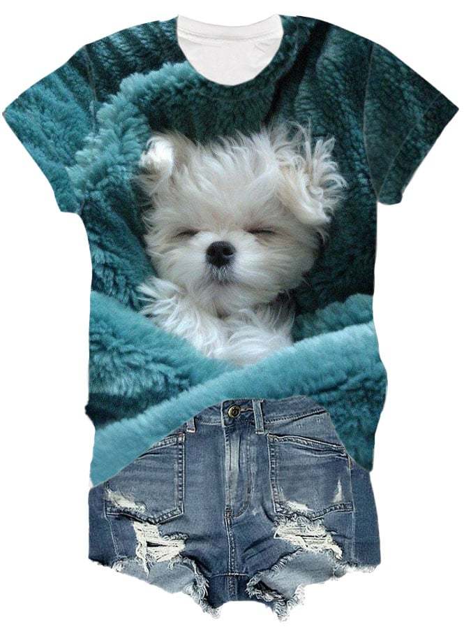 Trendiges Kurzarm-T-Shirt mit Hunde-Print