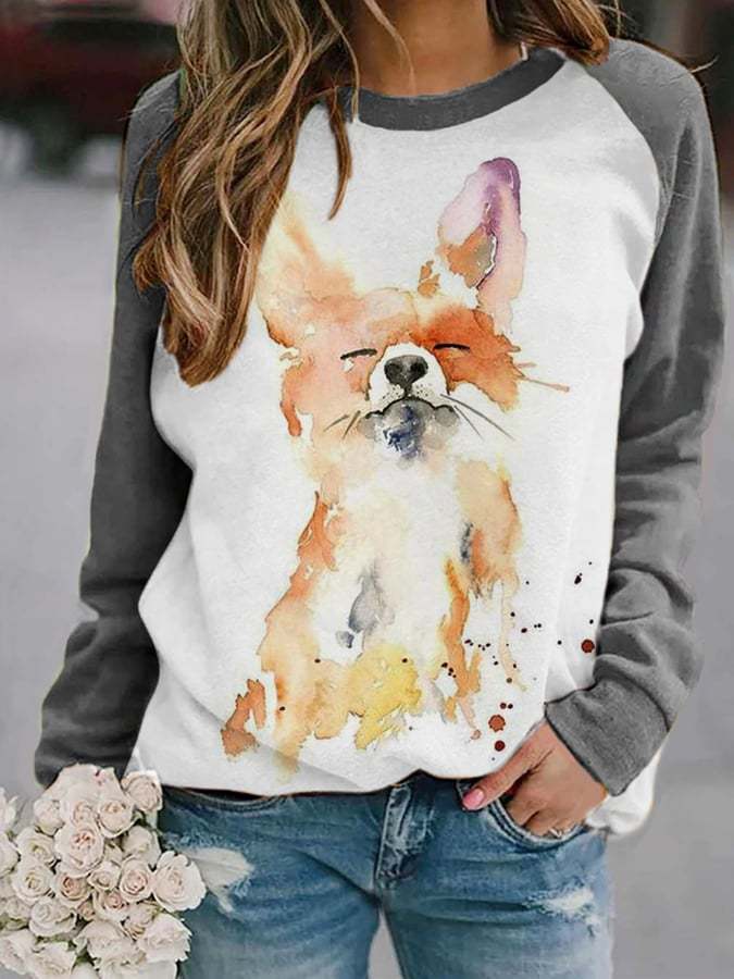 Lässiges Sweatshirt mit niedlichem Aquarell-Fuchsdruck für Damen