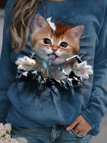 Fashion Cat Print Langarm-Sweatshirt