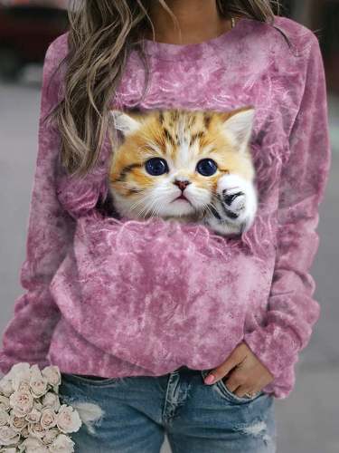 Fashion Cat Print Langarm-Sweatshirt