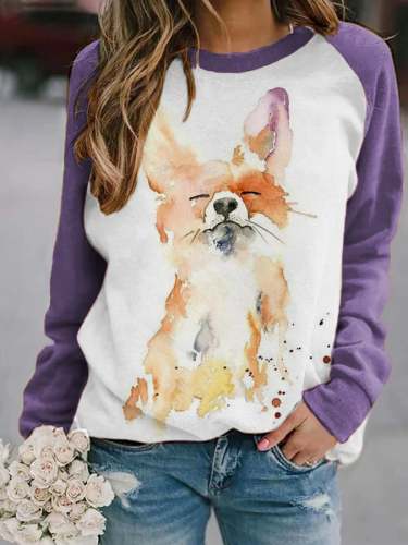 Lässiges Sweatshirt mit niedlichem Aquarell-Fuchsdruck für Damen