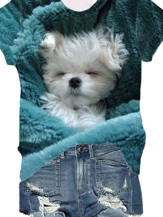 Trendiges Kurzarm-T-Shirt mit Hunde-Print