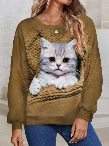 Fashion Cat Print Langarm-Sweatshirt