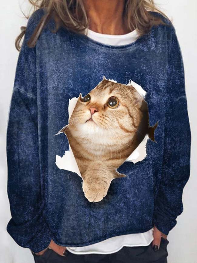 Modisches Langarm-Sweatshirt mit Katzendruck