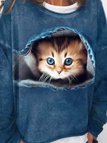 Modisches Langarm-Sweatshirt mit Katzendruck