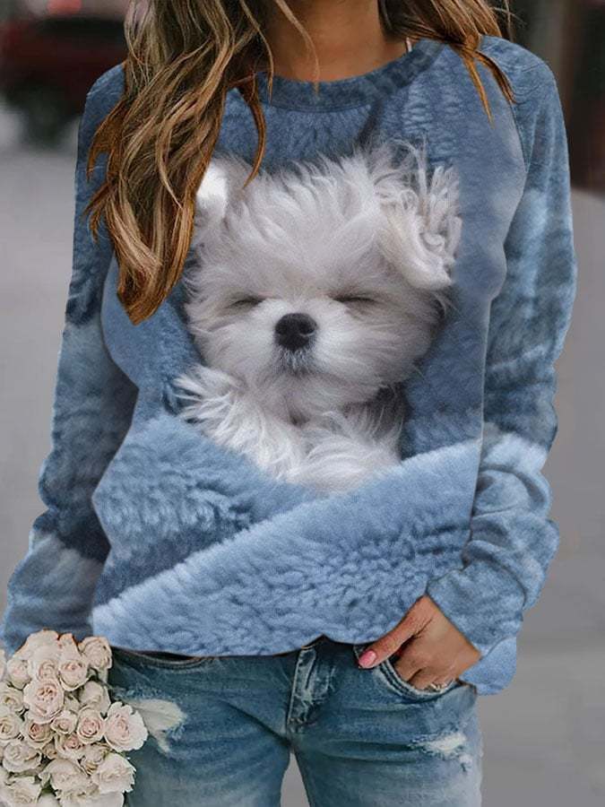 Fashion Dog Print Langarm-Sweatshirt