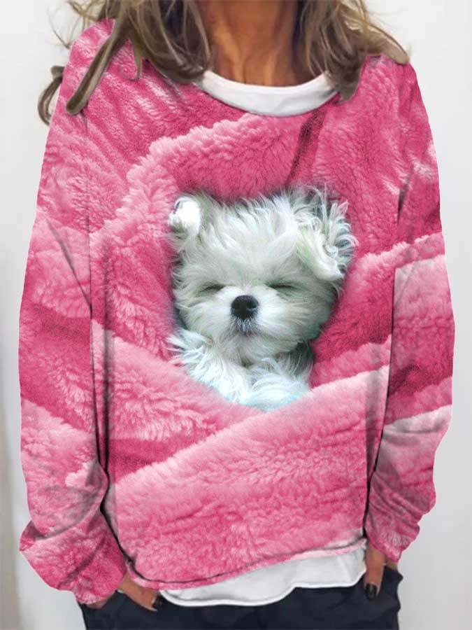 Langärmliges, lockeres Sweatshirt mit modischem Hundedruck