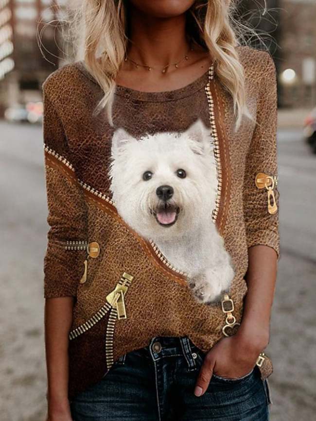 Trendiges Langarm-T-Shirt mit Hunde-Print