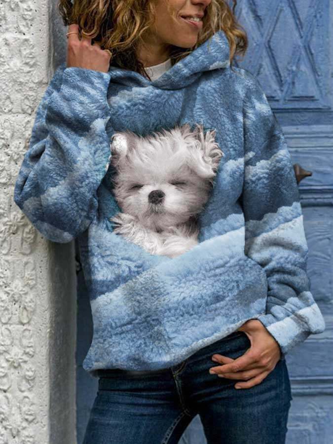 Modisches Langarm-Sweatshirt mit Kapuze und Hundedruck