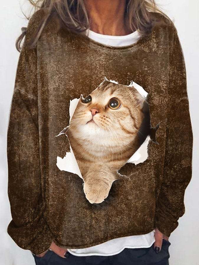 Modisches Langarm-Sweatshirt mit Katzendruck