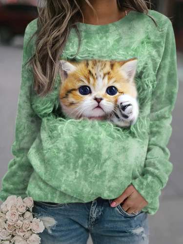 Fashion Cat Print Langarm-Sweatshirt