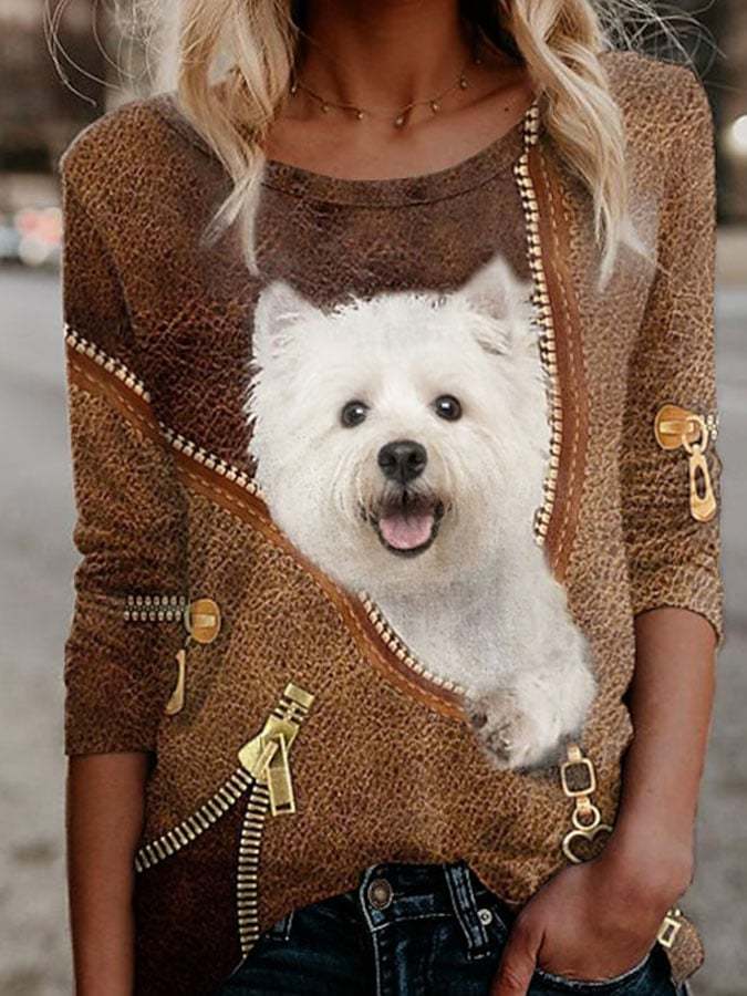 Trendiges Langarm-T-Shirt mit Hunde-Print