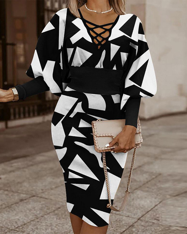 Elegant Geometric Color Block Panel Long Sleeve Regular Midi Dress