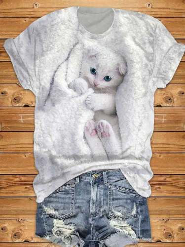 Trendiges Kurzarm-T-Shirt mit Katzen-Print