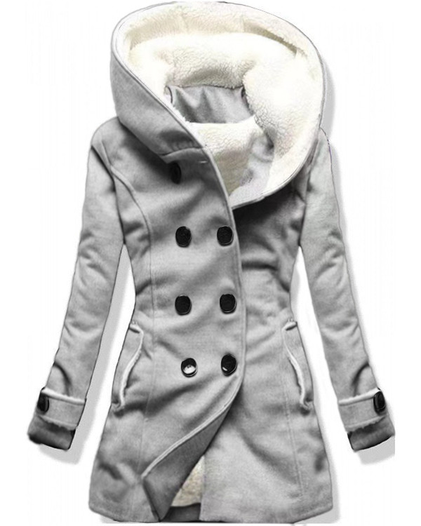 Solid Color Fleece Double Breasted Hooded Coat