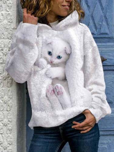 Fashion Cat Print Kapuzen-Langarm-Sweatshirt