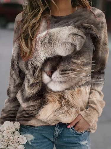Lässiges Sweatshirt mit süßem Katzendruck für Damen