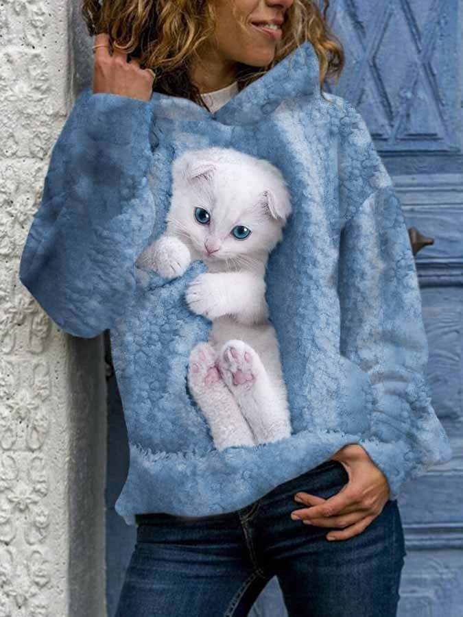 Fashion Cat Print Kapuzen-Langarm-Sweatshirt